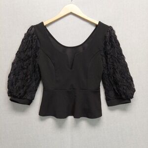 Womens Peplum Top Black Lace Puff Sleeve S Dark Coquette Goth Romantic V Neck